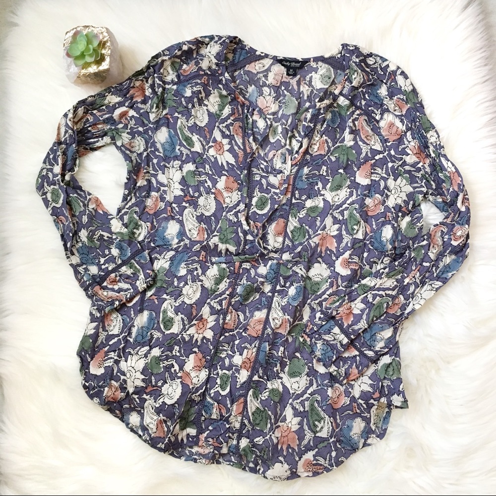 Lucky Brand Blue Floral Peasant Top